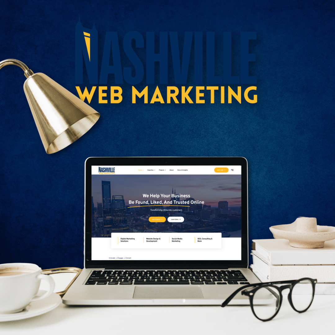 Nashville Web Marketing logo on wall and website on desk